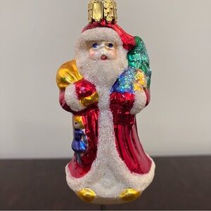 Christborn German Mouth Blown Glass Ornament Santa W/ Tree And Bag Glitter